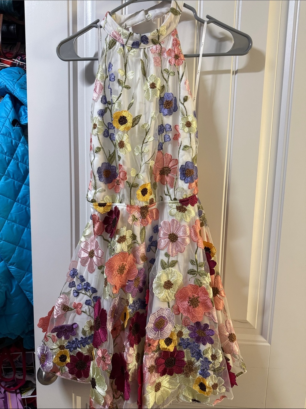Floral Embroidered Backless Dress - White with Multicolor Flowers